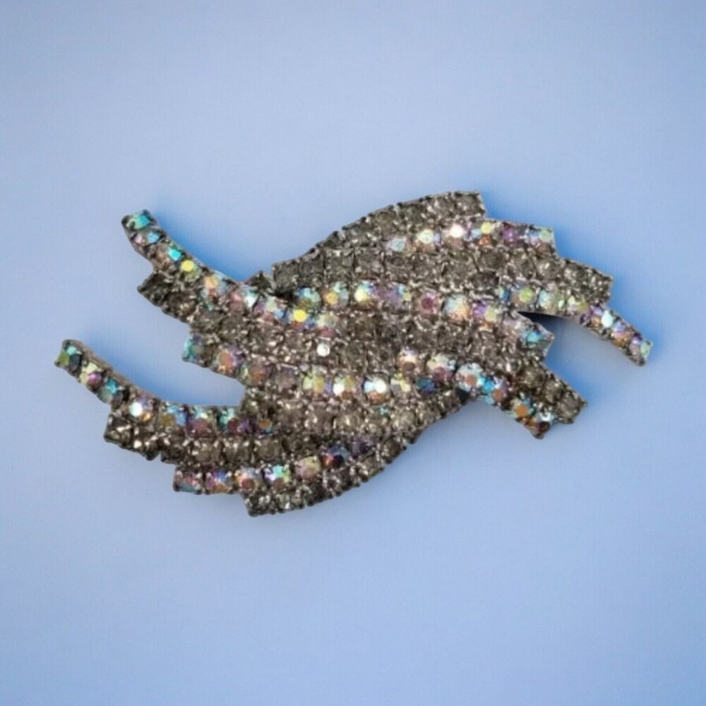 Vtg Rhineston Spray Brooch Pin AB Silver Tone Twisted Wave Individually Set 3"